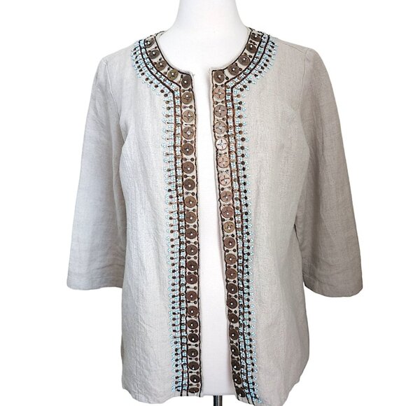 Chicos Jacket Women's 2 L 12 Embellished 100% Linen 3/4 Sleeves Tan Boho Casual‎ - Picture 1 of 15